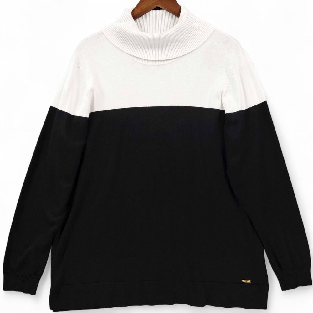 Calvin Klein Sweater Womens XL Black White Turtleneck Colorblock Pullover Knit